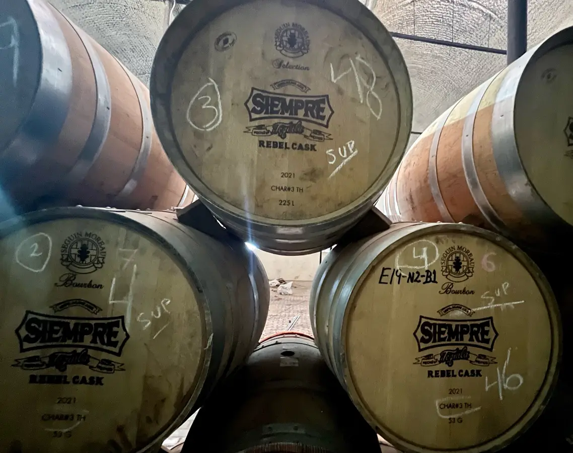 Stacked oak barrels with Siempre Rebel Cask branding in the barrel room