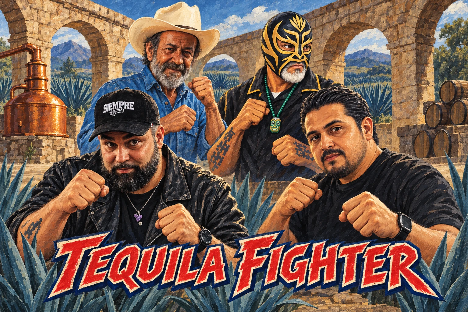Tequila Fighter cover: four fighters at an agave distillery